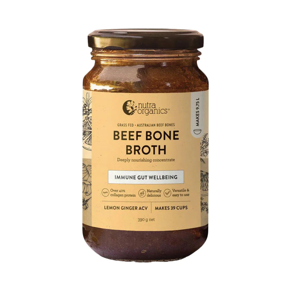 Nutra Organics Bone Broth Beef Deeply Nourishing Concentrate Lemon Ginger ACV 390g